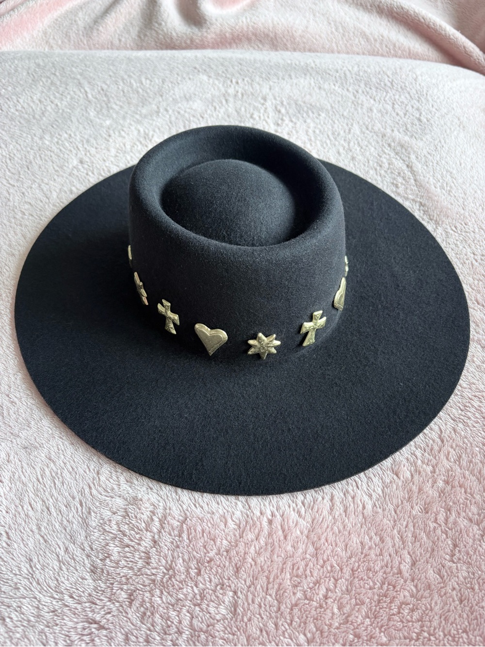 Lack of Color Celestial Boater Hat Black Gold Conchos 55cm